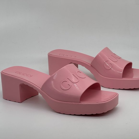 Gucci Double GG Logo Rubber Platform Block Heel Mules Slides Sandals Shoes - Picture 8 of 16